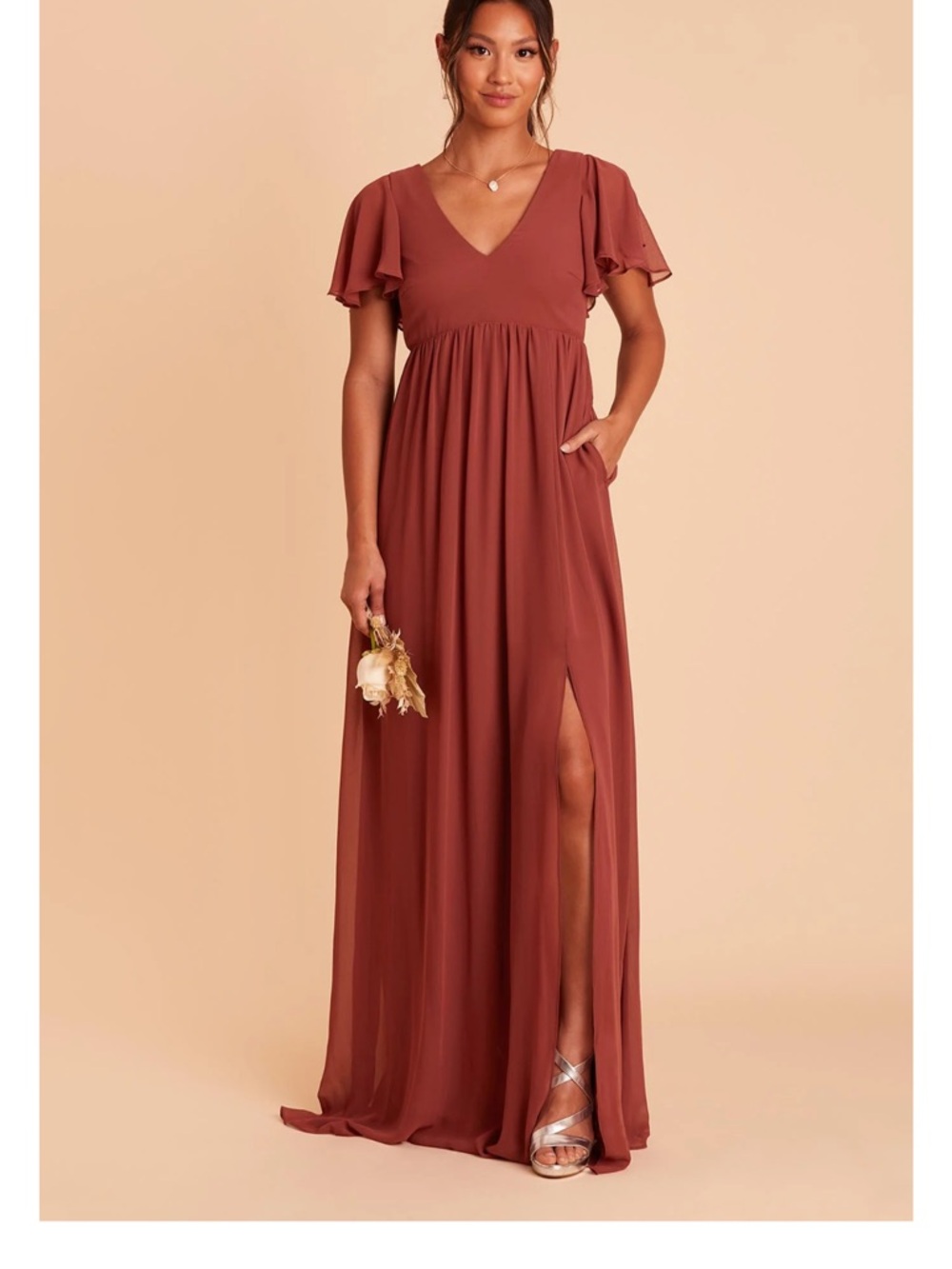 Birdy Grey Rust-Red Maxi Dress with Flutter Sleeves
